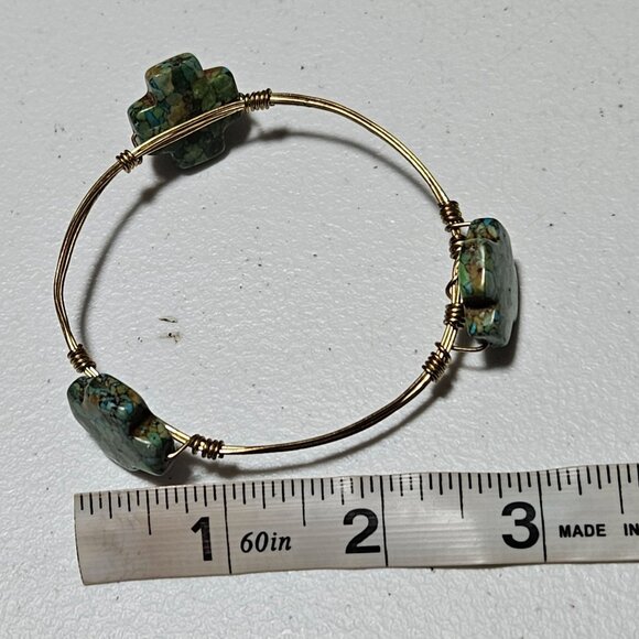 Cross Wire Bangle Bracelet Mosaic Turquoise Howlite Stone Religious Jewelry - Picture 4 of 4